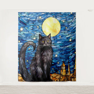 Stained Glass Black Cat Starry Night Tapestry