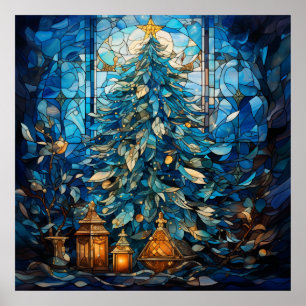 Stained Glass Blue Christmas Poster