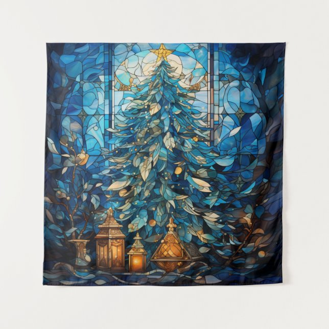 Stained Glass Blue Christmas Tapestry (Front)
