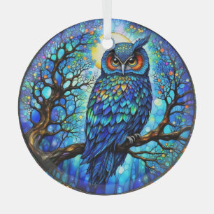Stained-Glass Blue Owl Circular Glass Ornament