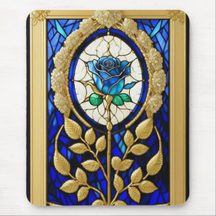 💙 Stained Glass Blue Rose Glow Elegant Floral Art Mouse Mat