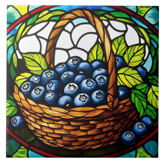Stained Glass Blueberry Basket  Tile (Front)