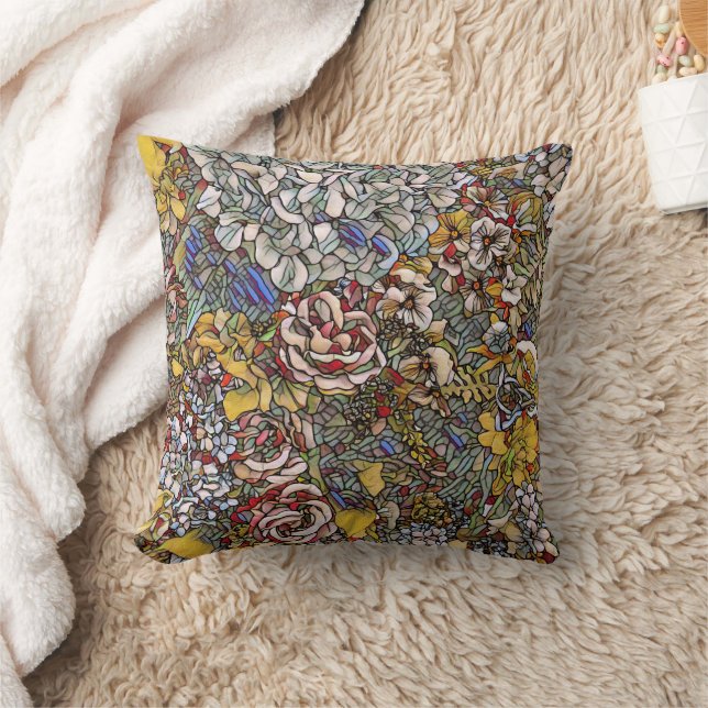 Stained Glass Botanical Floral Cushion (Blanket)