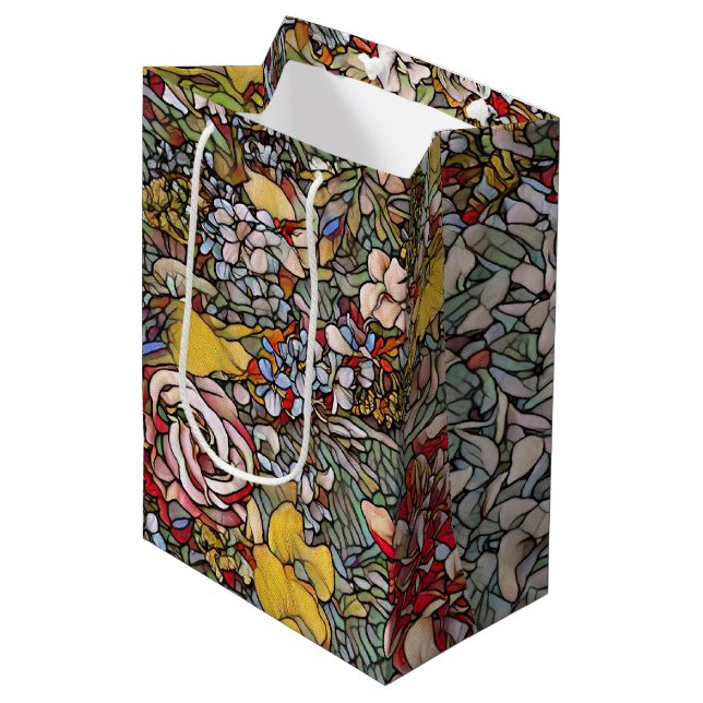 Stained Glass Botanical Floral Medium Gift Bag (Front Angled)