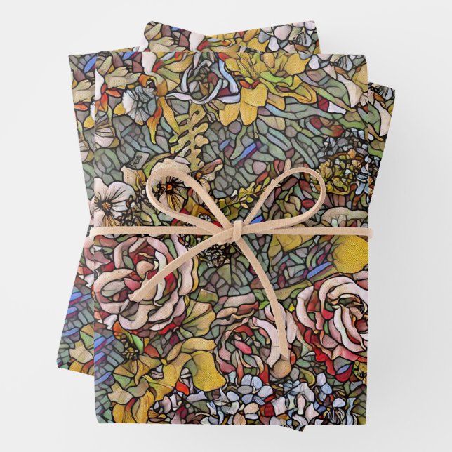 Stained Glass Botanical Floral Wrapping Paper Sheet (In situ)