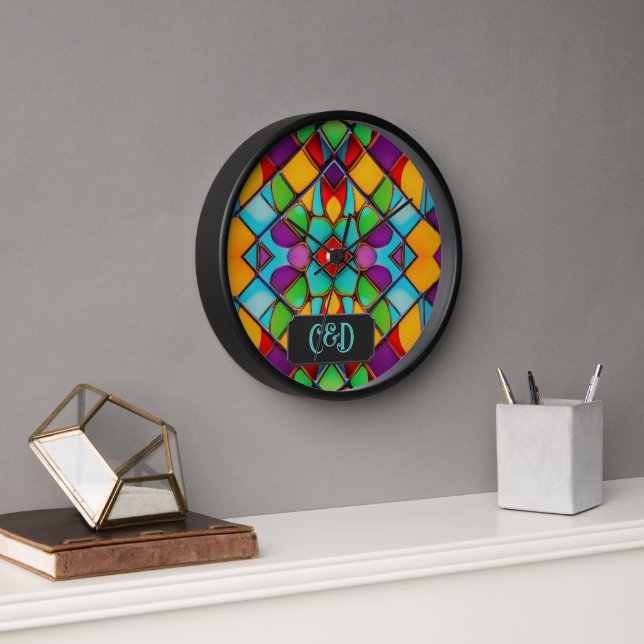 Stained Glass - Bright Colourful Tiles - Monogram Clock (Office)