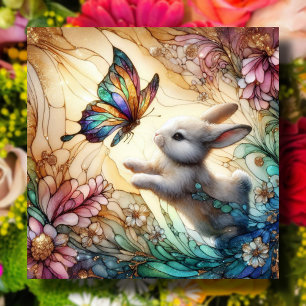 Stained Glass Bunny Rabbit And Butterflies Easter  Holiday Card