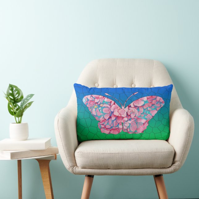 Stained Glass Butterfly on Mosaic Gradient   Lumbar Cushion (Chair)