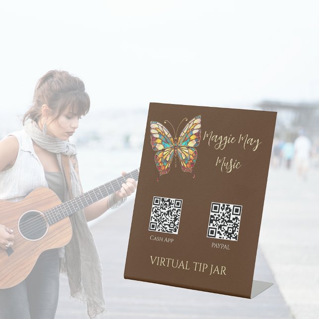 Stained Glass Butterfly QR Code Virtual Tip Jar Pedestal Sign (Creator Uploaded)