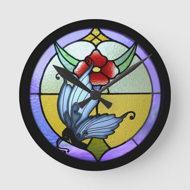 Stained Glass Butterfly Round Clock (Front)