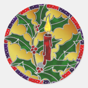 Stained glass candle and holly classic round sticker