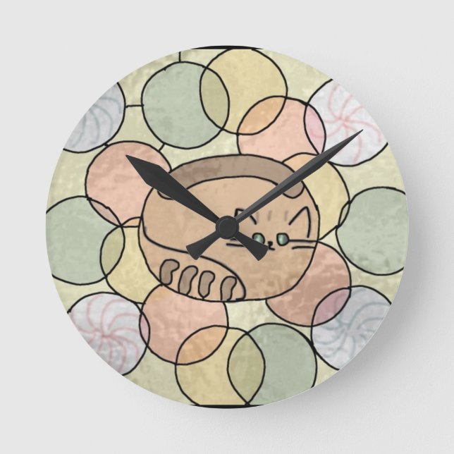 Stained glass candy cat round clock (Front)
