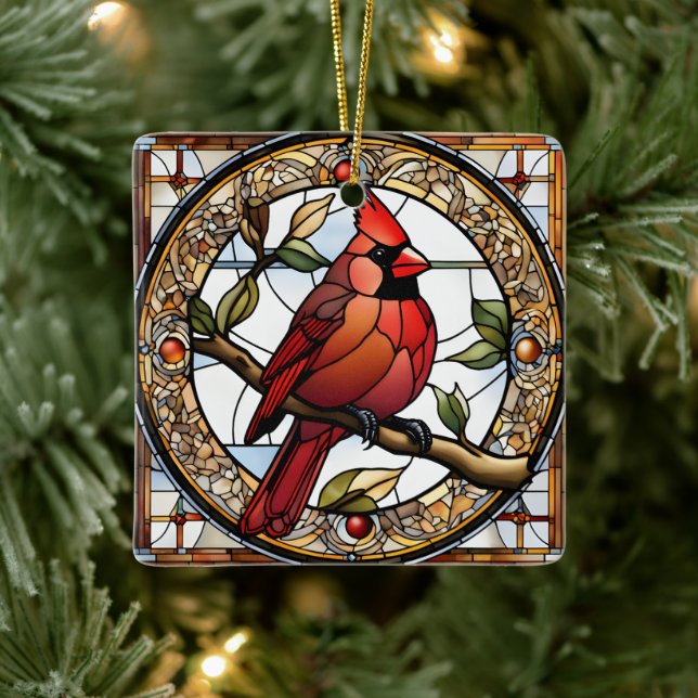 Stained Glass Cardinal Square Red Birds Gift Ideas Ceramic Ornament (Tree)