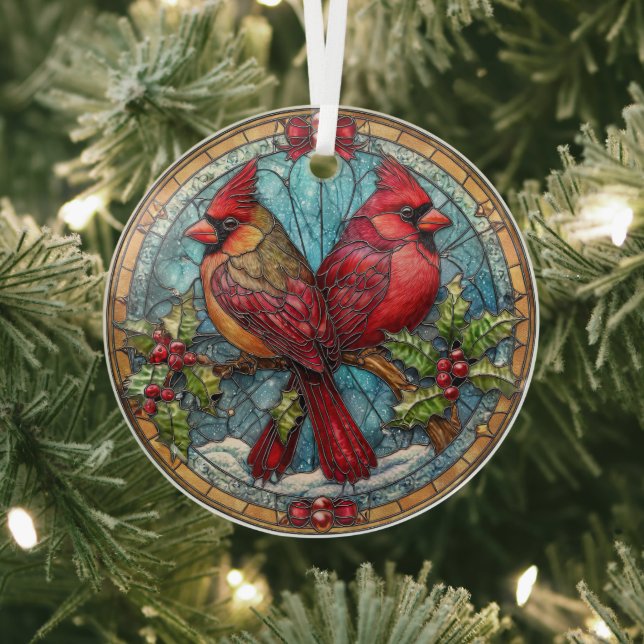Stained Glass Cardinals on Holly Branch  Glass Tree Decoration (Insitu)