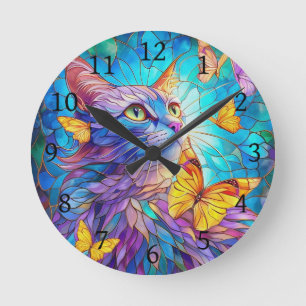 Stained Glass Cat 730 blue yellow butterflies Round Clock