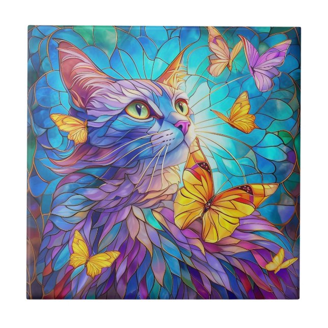 Stained Glass Cat 730 blue yellow butterflies Tile (Front)