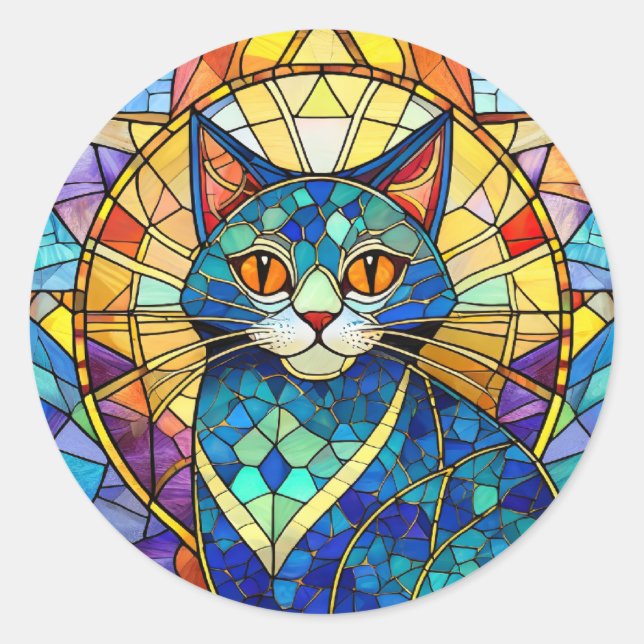 Stained Glass Cat Classic Round Sticker (Front)