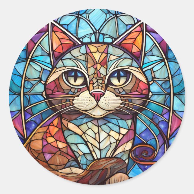 Stained Glass Cat Classic Round Sticker (Front)