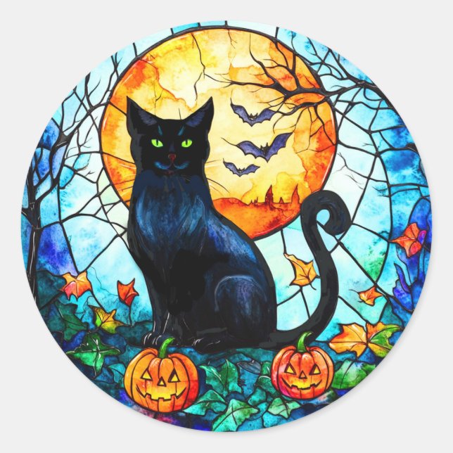 Stained Glass Cat in the Moonlight Stickers (Front)
