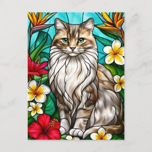 Stained-Glass Cat Portrait Elegant Longhair Cat Announcement Postcard