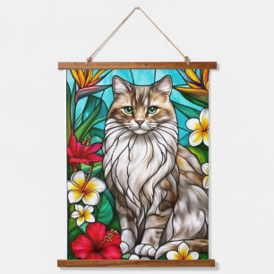 Stained-Glass Cat Portrait Elegant Longhair Cat Hanging Tapestry