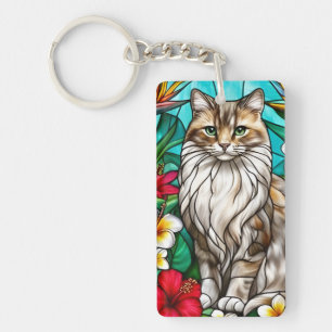 Stained-Glass Cat Portrait Elegant Longhair Cat Key Ring