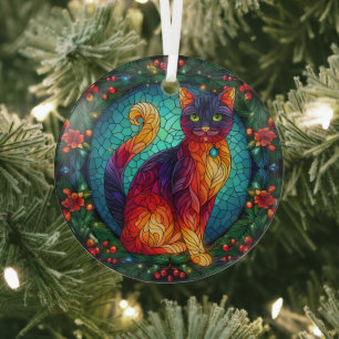 Stained Glass Cat with Christmas Holly Glass Tree Decoration