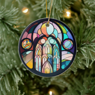 Stained Glass Cathedral Window Christmas Photo Ceramic Tree Decoration