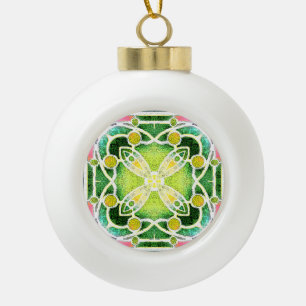 Stained Glass Cathedral Window in Green and Lime Ceramic Ball Christmas Ornament