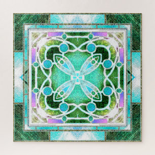 Stained Glass Cathedral Window in Green and Mint Jigsaw Puzzle