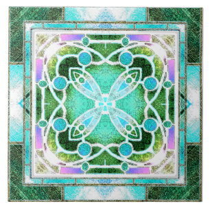 Stained Glass Cathedral Window in Green and Mint Tile