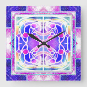 Stained Glass Cathedral Window in Lilac and Pink Square Wall Clock