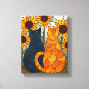 Stained Glass Cats and Sunflowers Art Design Canvas Print