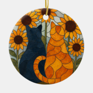 Stained Glass Cats and Sunflowers Art Design Ceramic Tree Decoration