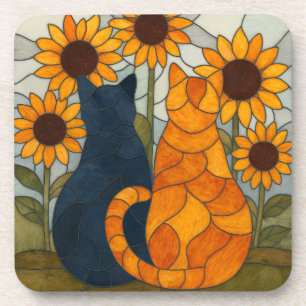 Stained Glass Cats and Sunflowers Art Design Coaster