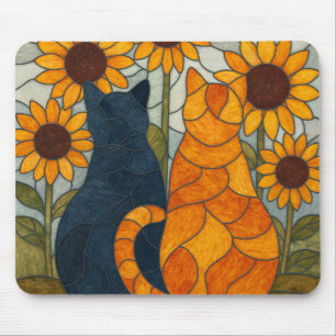 Stained Glass Cats and Sunflowers Art Design Mouse Mat