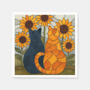 Stained Glass Cats and Sunflowers Art Design Napkin