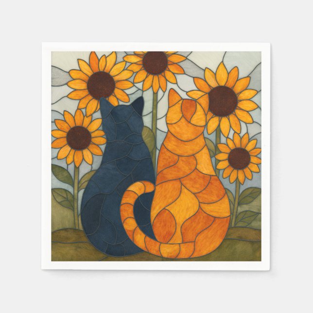 Stained Glass Cats and Sunflowers Art Design Napkin (Front)