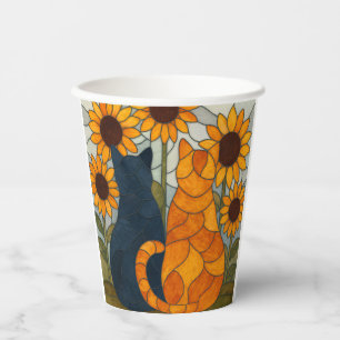 Stained Glass Cats and Sunflowers Art Design Paper Cups