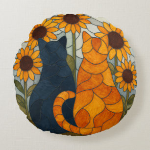 Stained Glass Cats and Sunflowers Art Design Round Cushion