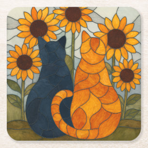 Stained Glass Cats and Sunflowers Art Design Square Paper Coaster