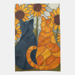 Stained Glass Cats and Sunflowers Art Design Tea Towel
