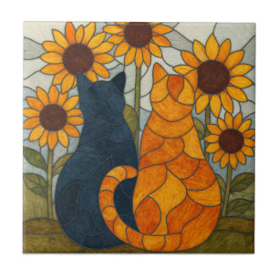 Stained Glass Cats and Sunflowers Art Design Tile