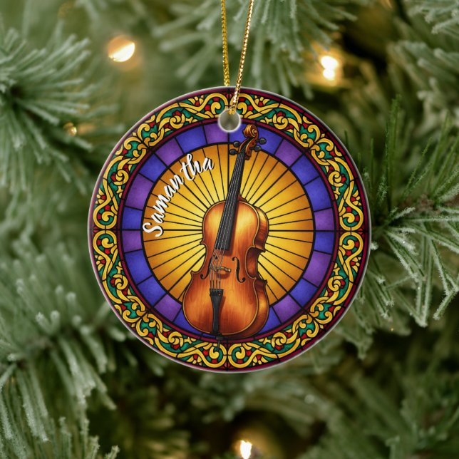 Stained Glass Cello Custom Name Christmas Ceramic Tree Decoration (Tree)