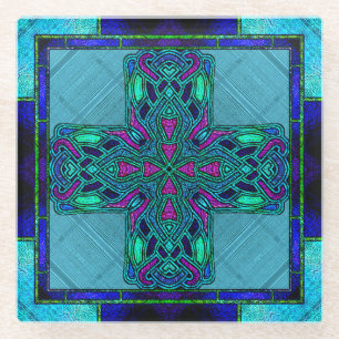 Stained Glass Celtic Cross in Blue and Aqua Coaster