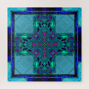Stained Glass Celtic Cross in Blue and Aqua Jigsaw Puzzle