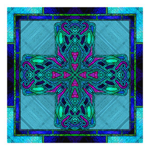 Stained Glass Celtic Cross in Blue and Aqua Photo Print