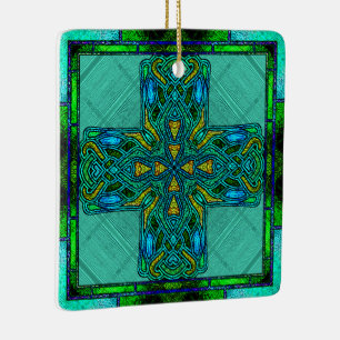 Stained Glass Celtic Cross in Gold and Green Ceramic Ornament