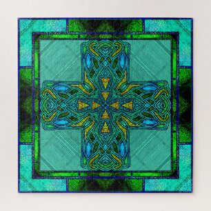 Stained Glass Celtic Cross in Gold and Green Jigsaw Puzzle