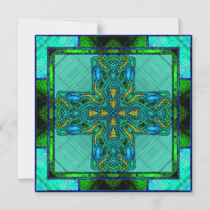 Stained Glass Celtic Cross in Gold and Green Magnetic Invitation